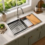 Stainless Steel Kitchen Sink 32" x 19" with Accessories | 10" Deep Bowl, Includes Cutting Board, Roll-Up Drying Rack, Bottom Rinse Grid, Polished Finish, Undermount Sink, drop in sink