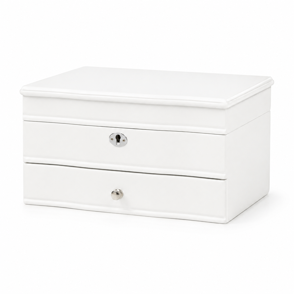 11.7 In. White Wooden Jewelry Box With Mirror, Lockable Multi-layer Jewelry Organizer With Velvet Lining And Drawer Storage