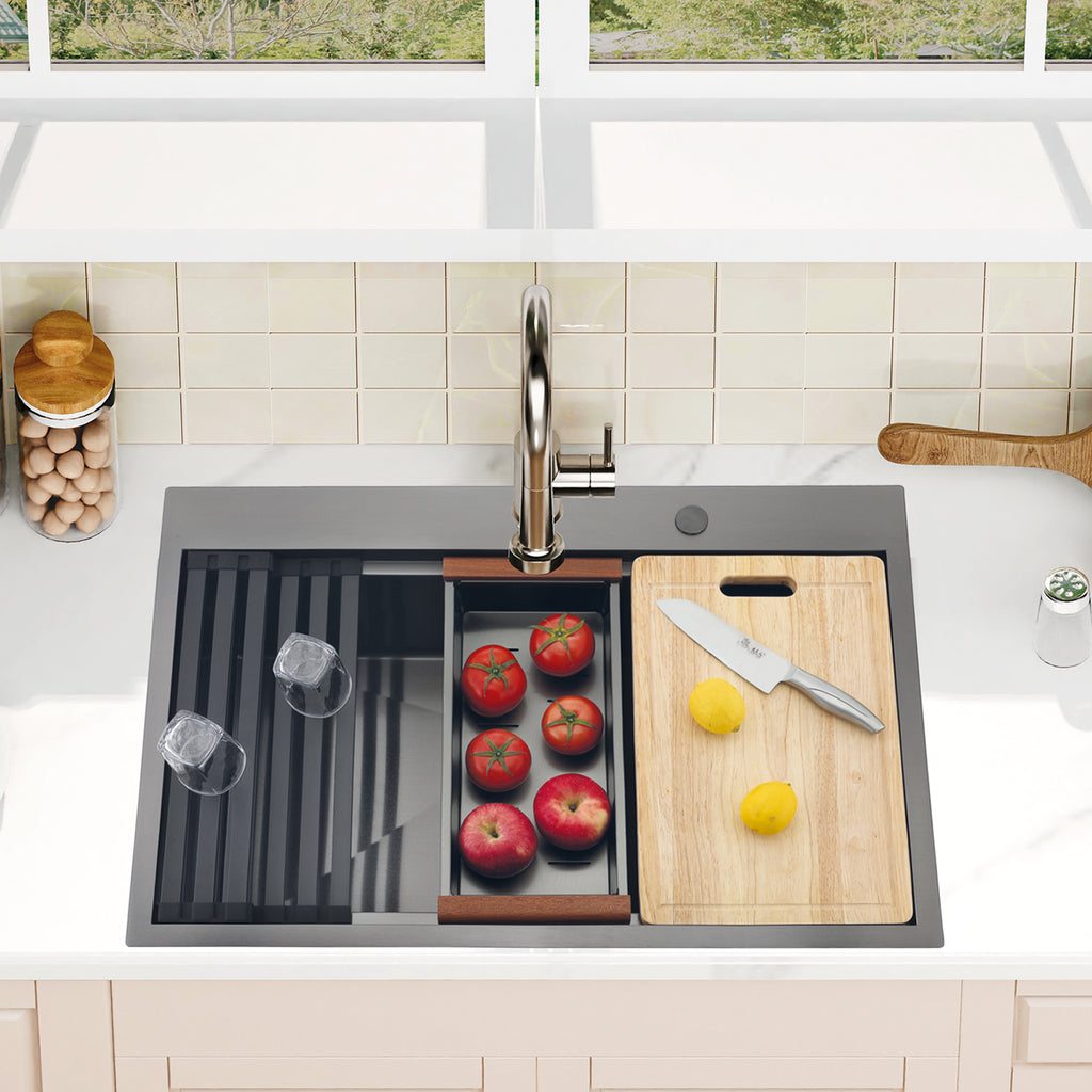 33 Inch Black Drop In Workstation Sink with Sliding Accessories | 33x22 Inch Top Mount Sink Stainless Steel 16 Gauge 10" Deep Single Bowl with Cutting Board& Strainer