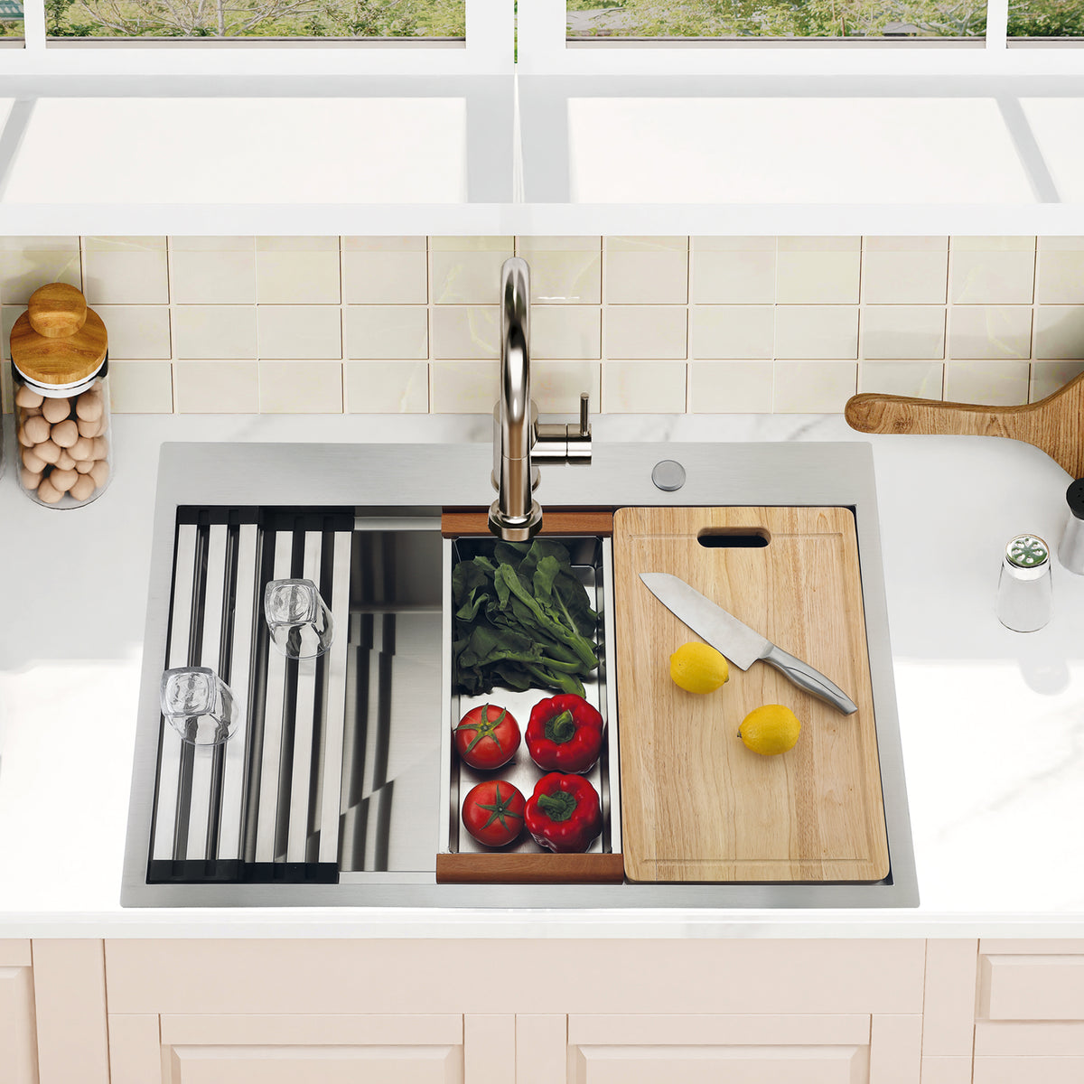 33 Inch Silver Drop In Workstation Sink With Sliding Accessories | 33x22 Inch Top Mount Sink Stainless Steel 16 Gauge 10" Deep Single Bowl with Cutting Board& Strainer