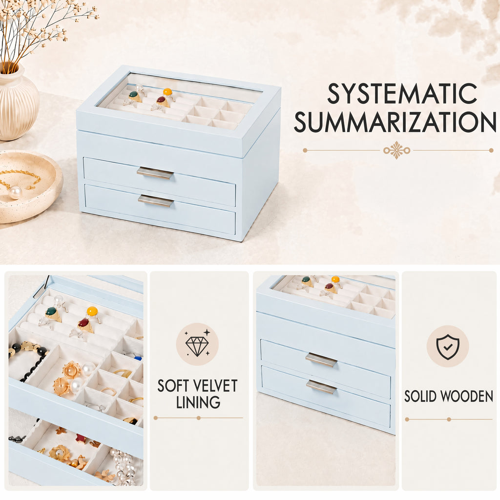 Wooden Jewelry Box With Glass Lid, 2 Drawers, Ring Slots & Multi-compartment Organizer For Jewelry, Watches And Accessories