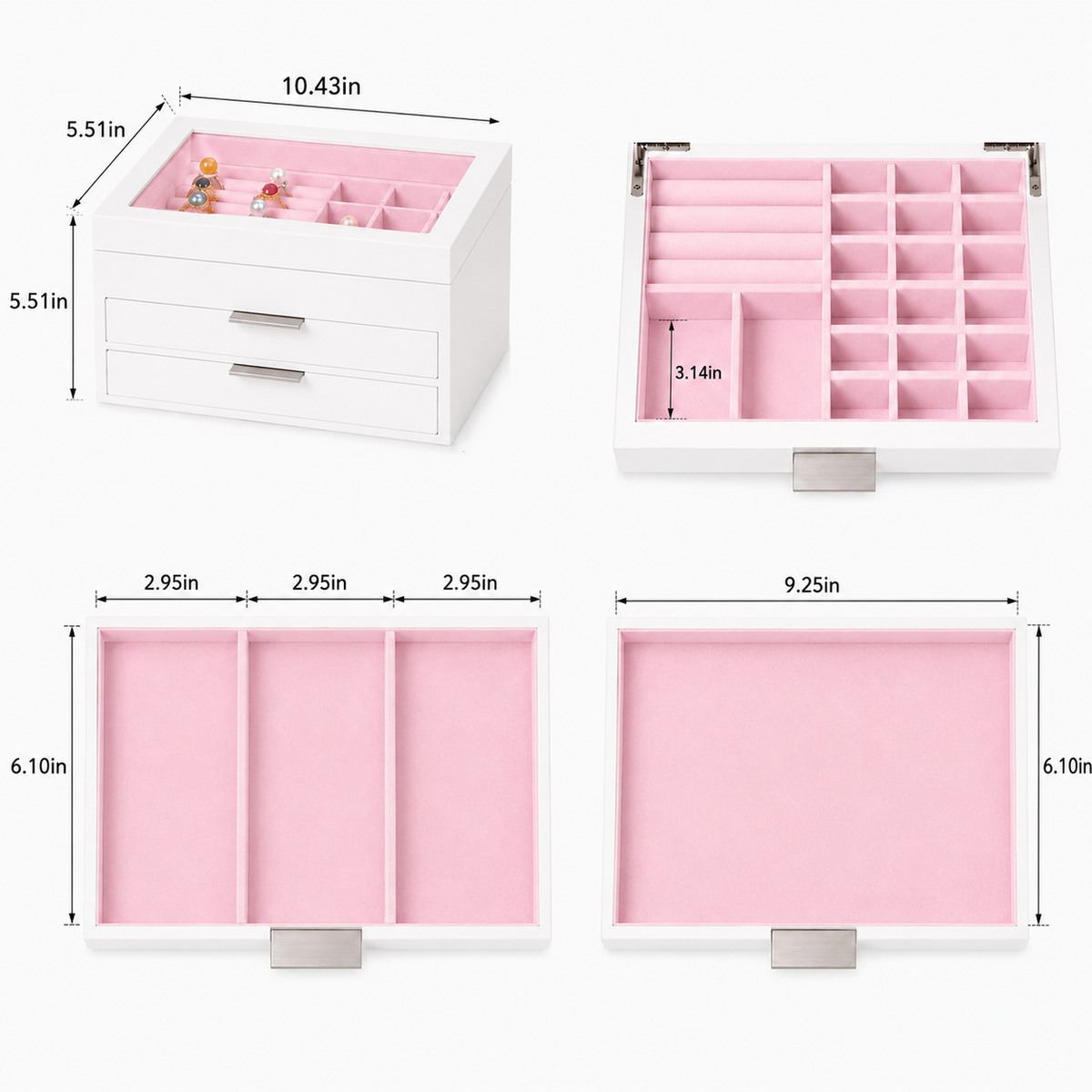 Wooden Jewelry Box With Glass Lid, 2 Drawers, Ring Slots & Multi-compartment Organizer For Jewelry, Watches And Accessories