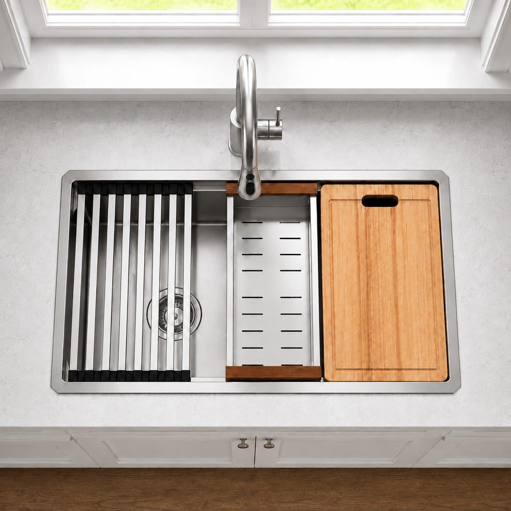 Stainless Steel Kitchen Sink 32" x 19" with Accessories | 10" Deep Bowl, Includes Cutting Board, Roll-Up Drying Rack, Bottom Rinse Grid, Polished Finish, Undermount Sink, drop in sink