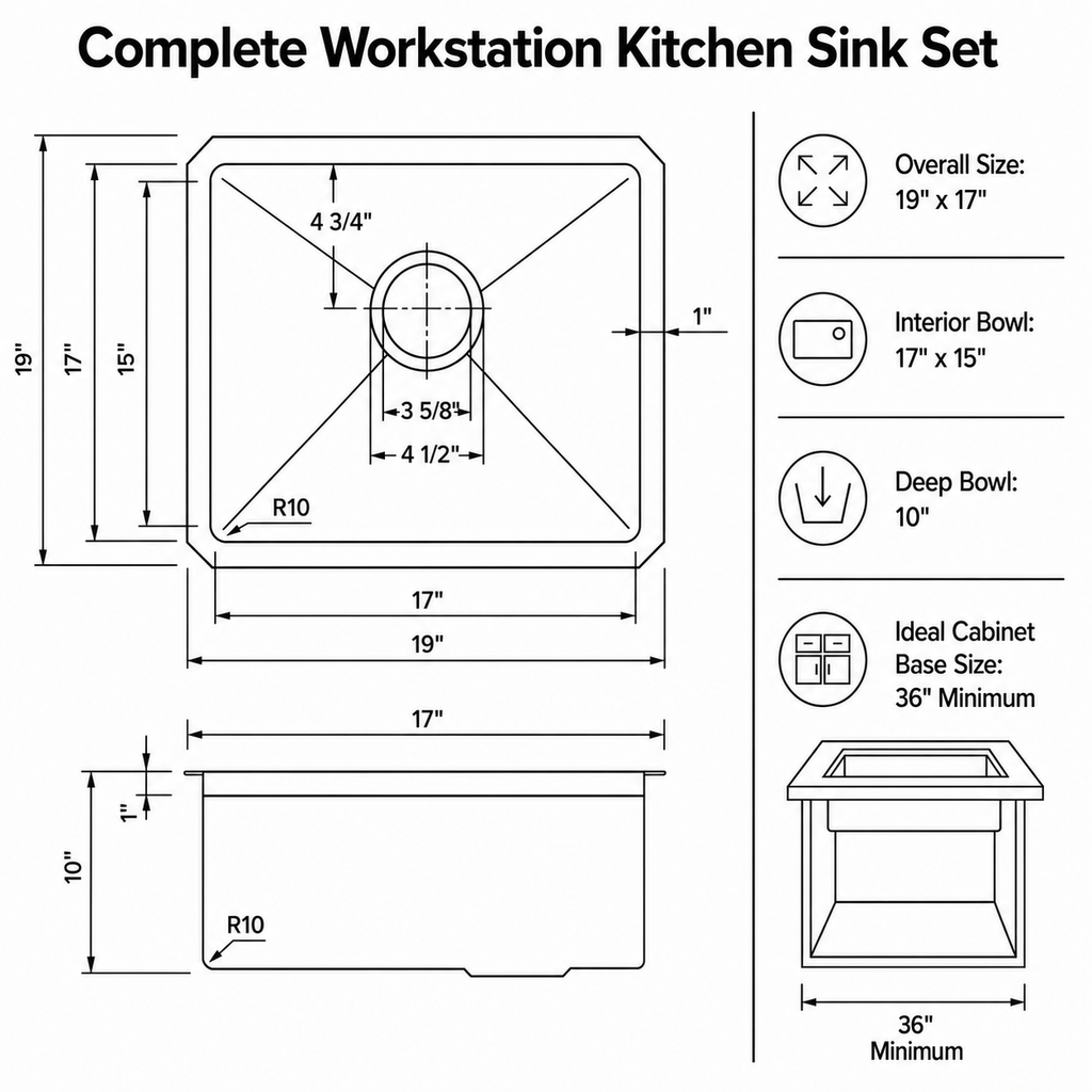 19" Stainless Steel Kitchen Sink, Deep Single Bar Sink - Grey | X-shaped Drainage, Quiet Soundproof, Anti-Condensation Coating, Easy to Clean Corners, Scratch & Stain Resistant