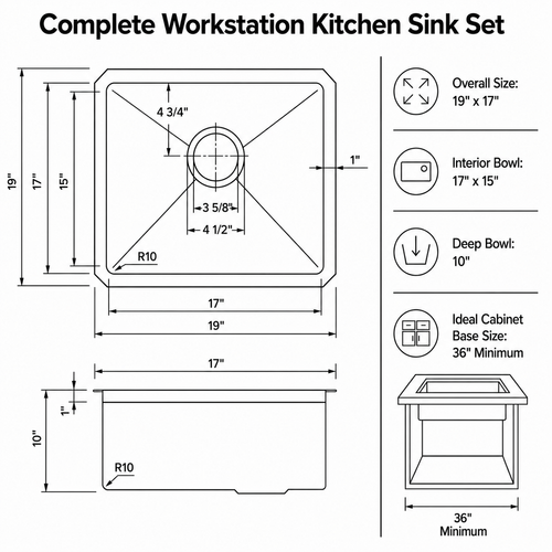 19" Stainless Steel Kitchen Sink, Deep Single Bar Sink - Grey | X-shaped Drainage, Quiet Soundproof, Anti-Condensation Coating, Easy to Clean Corners, Scratch & Stain Resistant