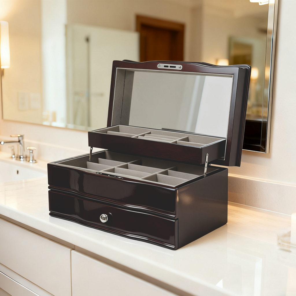 11.7 In. Brown Wooden Jewelry Box With Mirror, Lockable Multi-layer Jewelry Organizer With Velvet Lining And Drawer Storage
