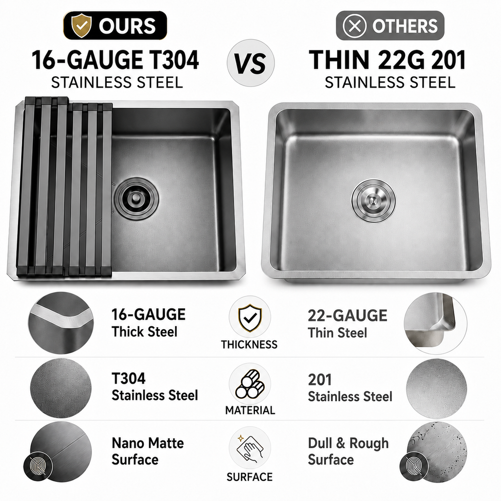 19" Stainless Steel Kitchen Sink, Deep Single Bar Sink - Grey | X-shaped Drainage, Quiet Soundproof, Anti-Condensation Coating, Easy to Clean Corners, Scratch & Stain Resistant