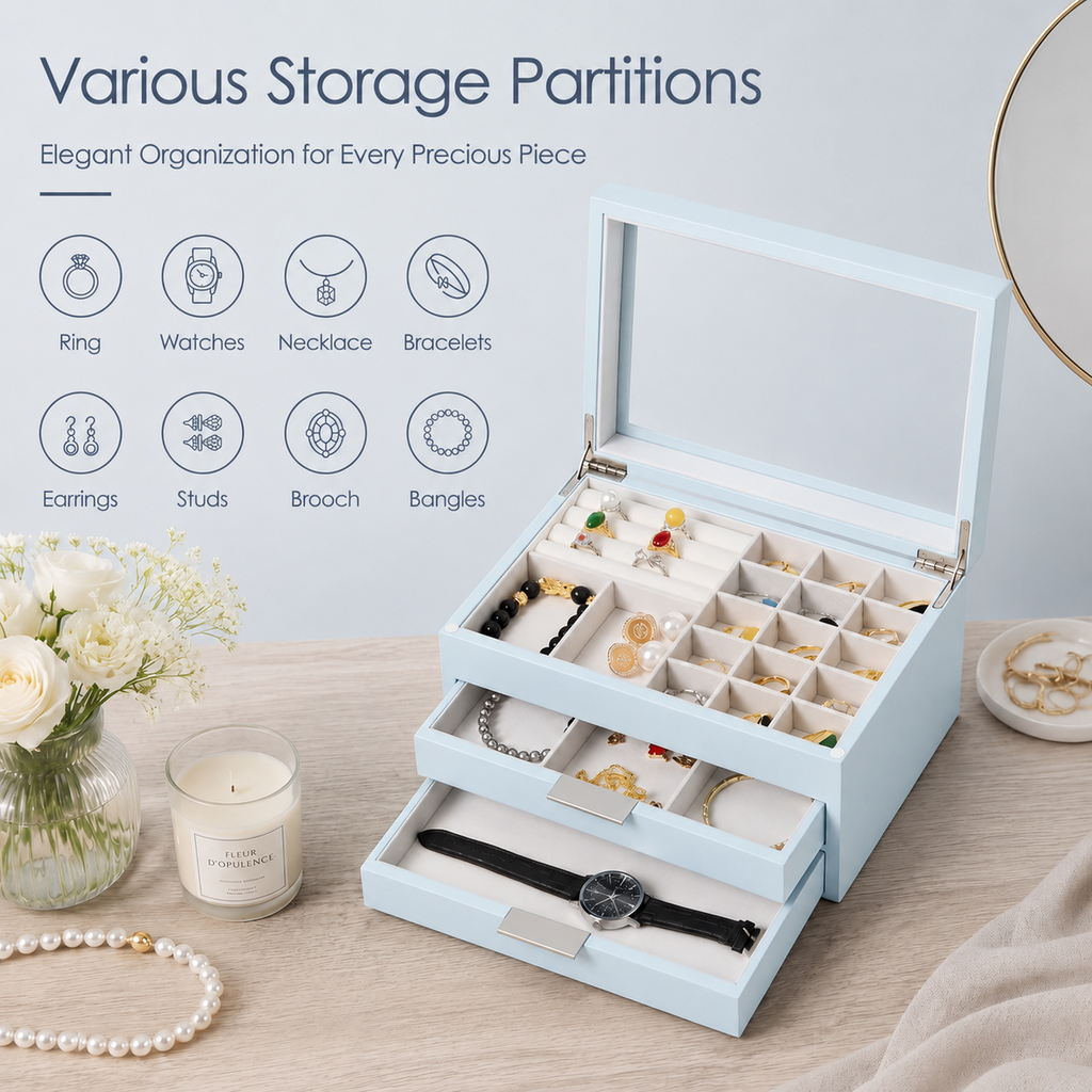 Wooden Jewelry Box With Glass Lid, 2 Drawers, Ring Slots & Multi-compartment Organizer For Jewelry, Watches And Accessories
