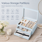 Wooden Jewelry Box With Glass Lid, 2 Drawers, Ring Slots & Multi-compartment Organizer For Jewelry, Watches And Accessories