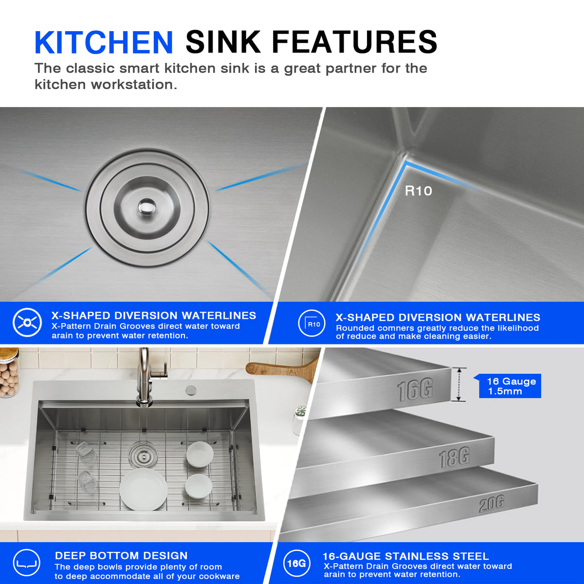 33 Inch Silver Drop In Workstation Sink With Sliding Accessories | 33x22 Inch Top Mount Sink Stainless Steel 16 Gauge 10" Deep Single Bowl with Cutting Board& Strainer