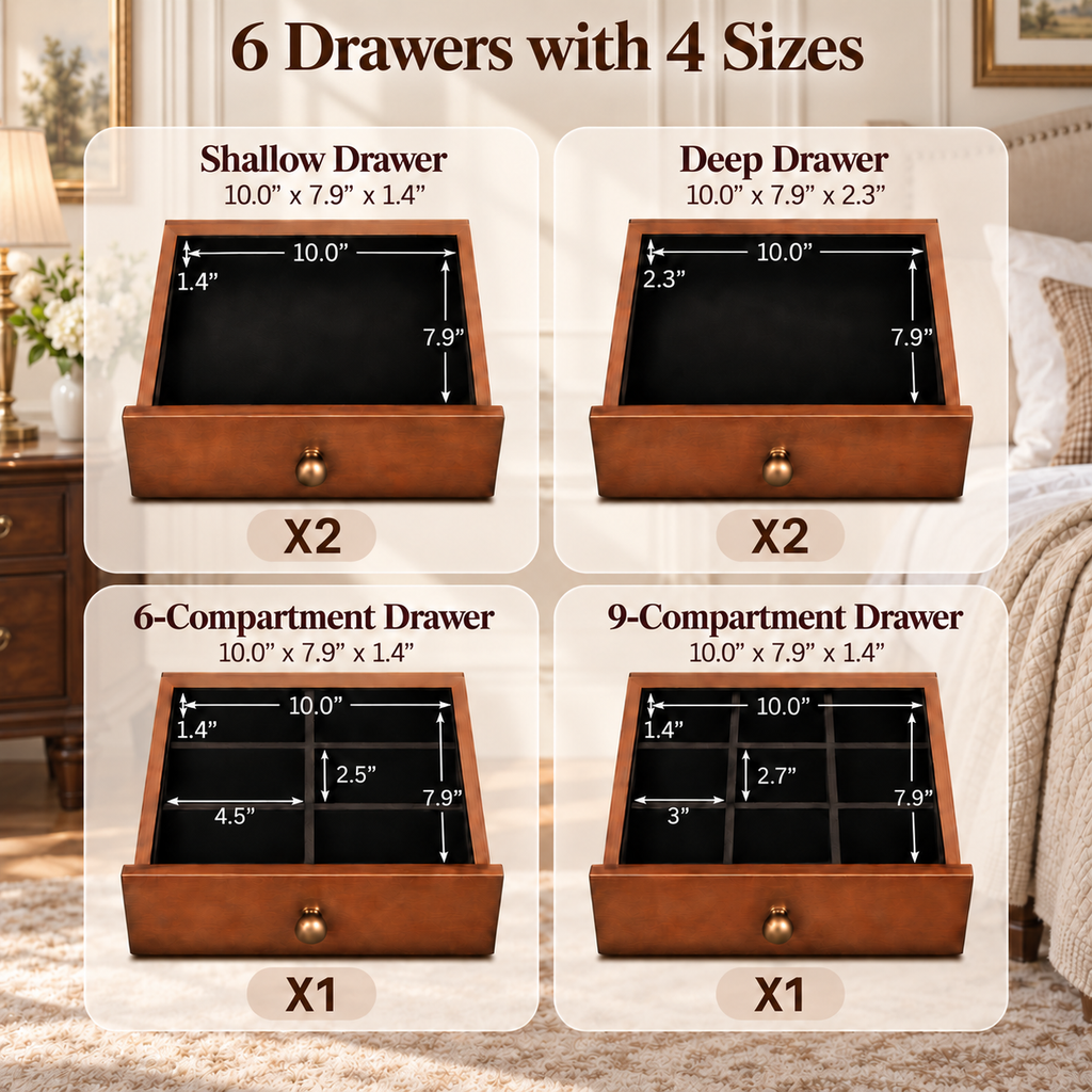 Freestanding Jewelry Armoire with Flip-Up Mirror, 6 Drawers and Necklace Hooks