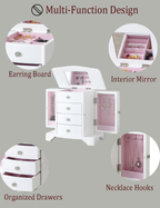 White Jewelry Box with Pink Velvet Lining，4 layer jewelry organizer box and attached 2 side doors,jewelry organizer wooden for rings, necklaces and earrings.