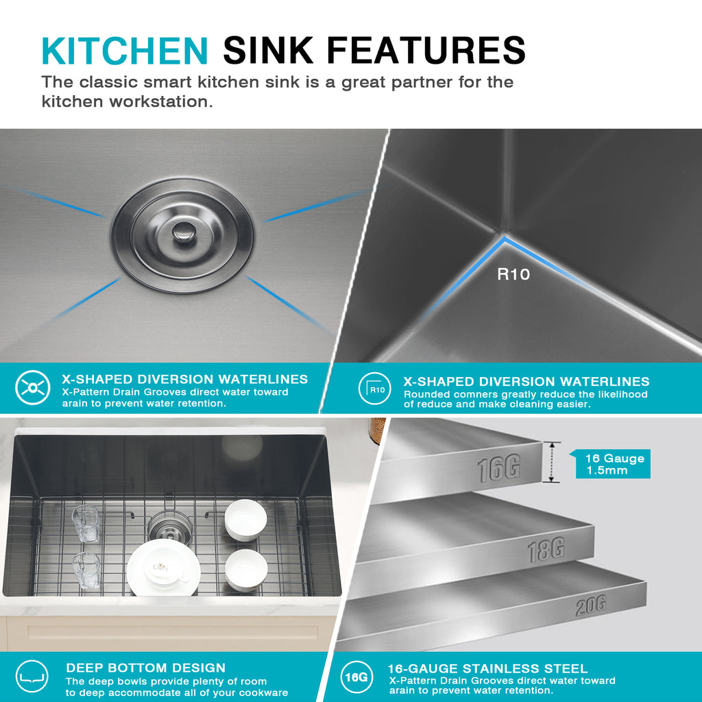 32" Stainless Steel Kitchen Sink, 10" Deep Single Undermount Sink - Grey | T304 Steel, True 16-Gauge, 10-Inch Deep Basin, Easy-Clean R10 Corners, Reinforced 3mm Rim, Dual-Mount Installation