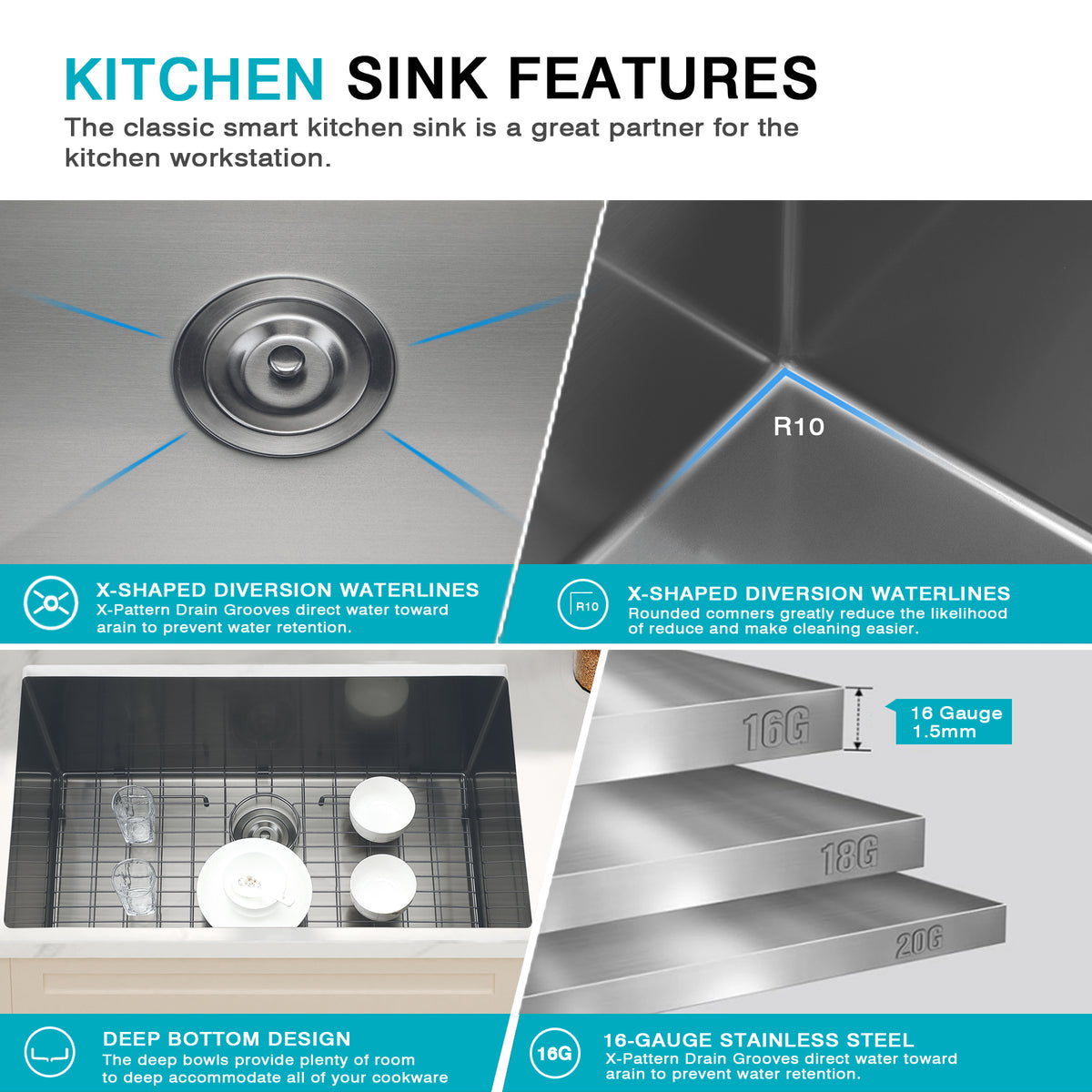 32" Stainless Steel Kitchen Sink, 10" Deep Single Undermount Sink - Grey | T304 Steel, True 16-Gauge, 10-Inch Deep Basin, Easy-Clean R10 Corners, Reinforced 3mm Rim, Dual-Mount Installation