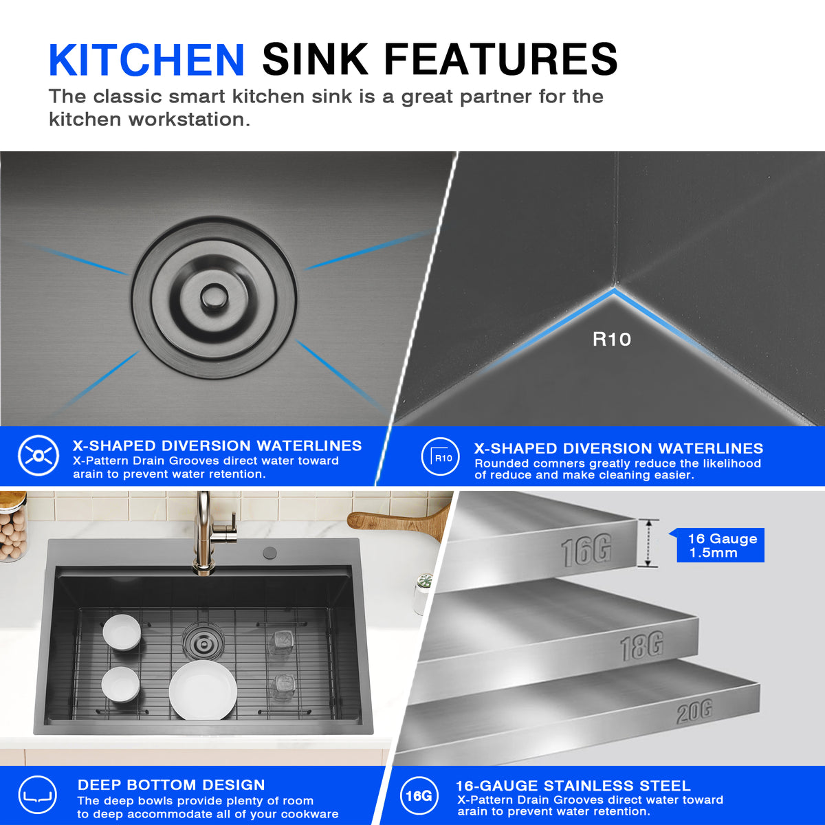 33 Inch Black Drop In Workstation Sink with Sliding Accessories | 33x22 Inch Top Mount Sink Stainless Steel 16 Gauge 10" Deep Single Bowl with Cutting Board& Strainer