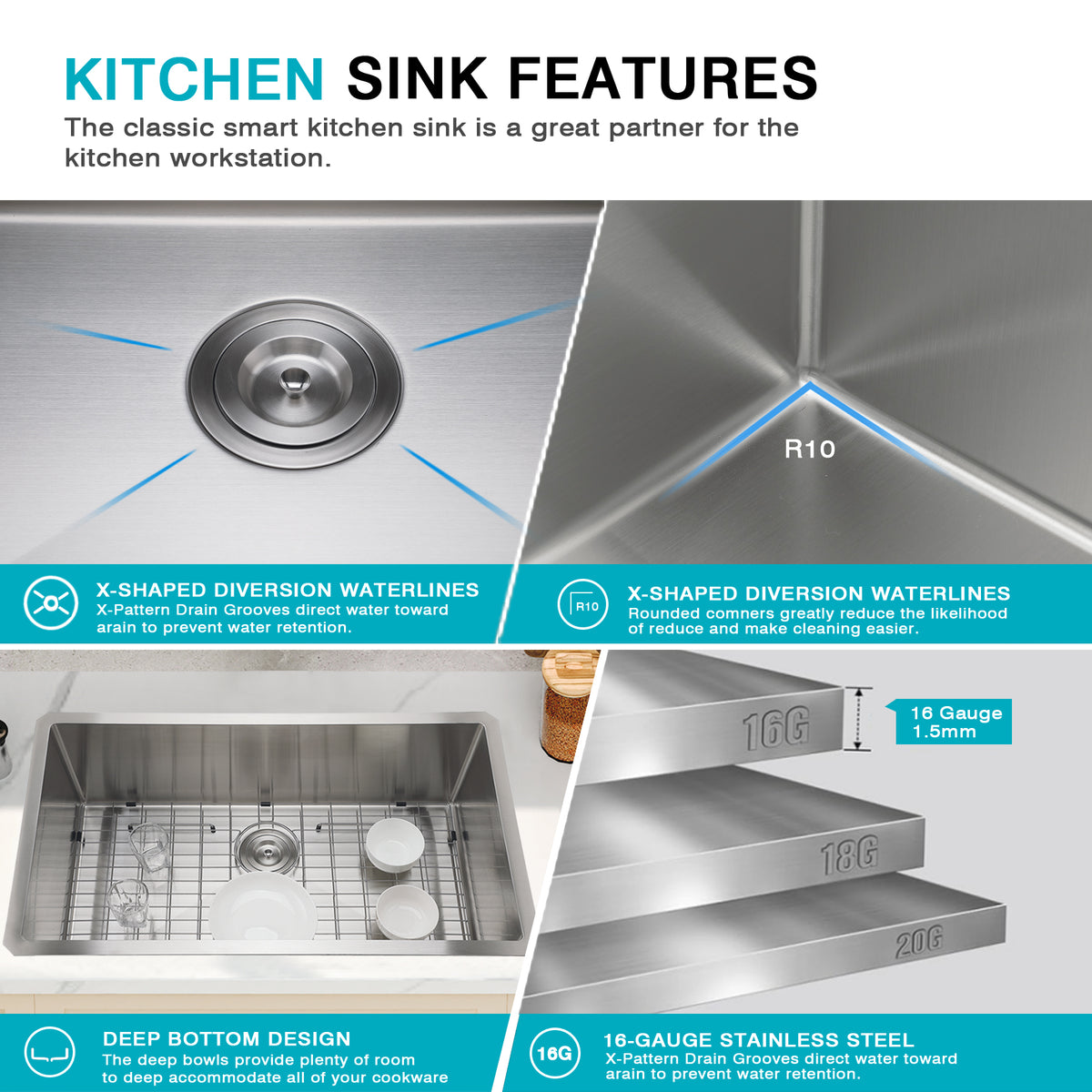 32x19in Undermount/Drop in Kitchen Sink 304 Stainless Steel Single Bowl | 16 Gauge Steel, R10 Rounded Corners, 10 Inch Deep Basin, Rust & Dent Resistant, Flat Rim Design