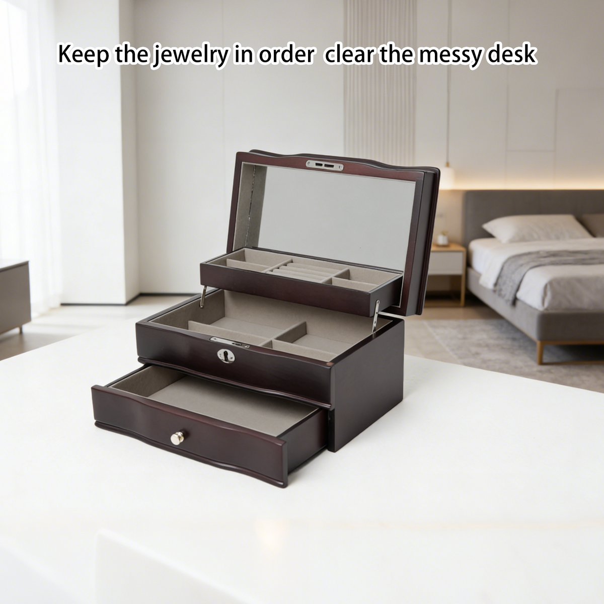 11.7 In. Brown Wooden Jewelry Box With Mirror, Lockable Multi-layer Jewelry Organizer With Velvet Lining And Drawer Storage
