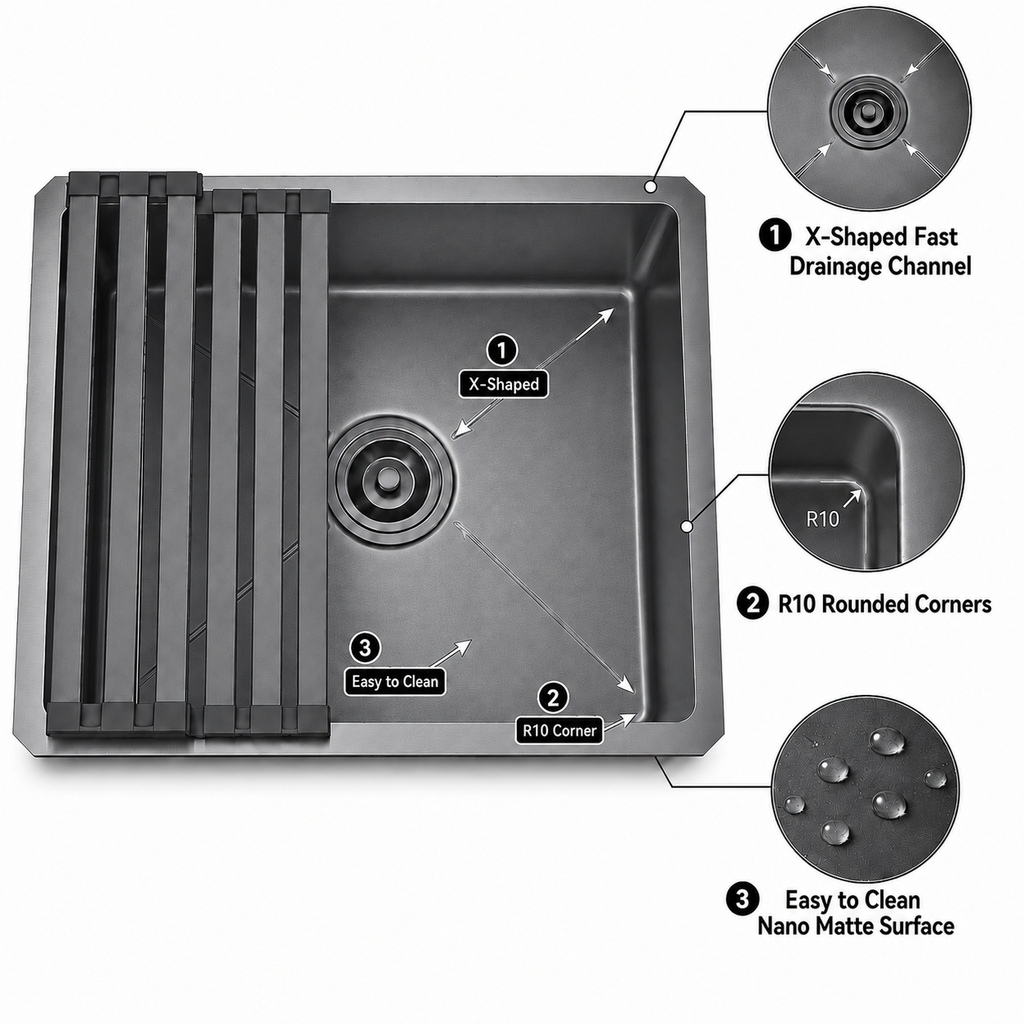 19" Stainless Steel Kitchen Sink, Deep Single Bar Sink - Grey | X-shaped Drainage, Quiet Soundproof, Anti-Condensation Coating, Easy to Clean Corners, Scratch & Stain Resistant