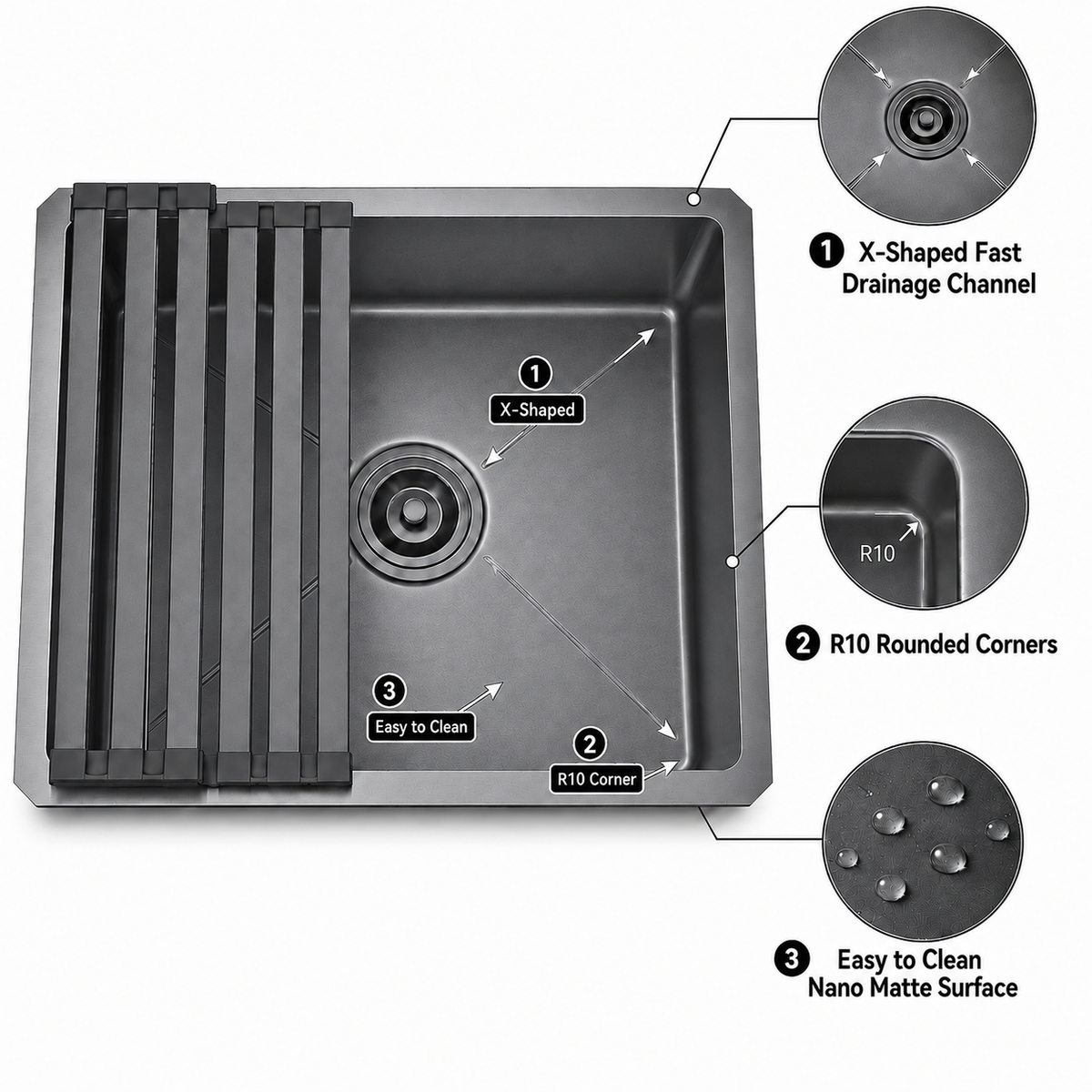 19" Stainless Steel Kitchen Sink, Deep Single Bar Sink - Grey | X-shaped Drainage, Quiet Soundproof, Anti-Condensation Coating, Easy to Clean Corners, Scratch & Stain Resistant