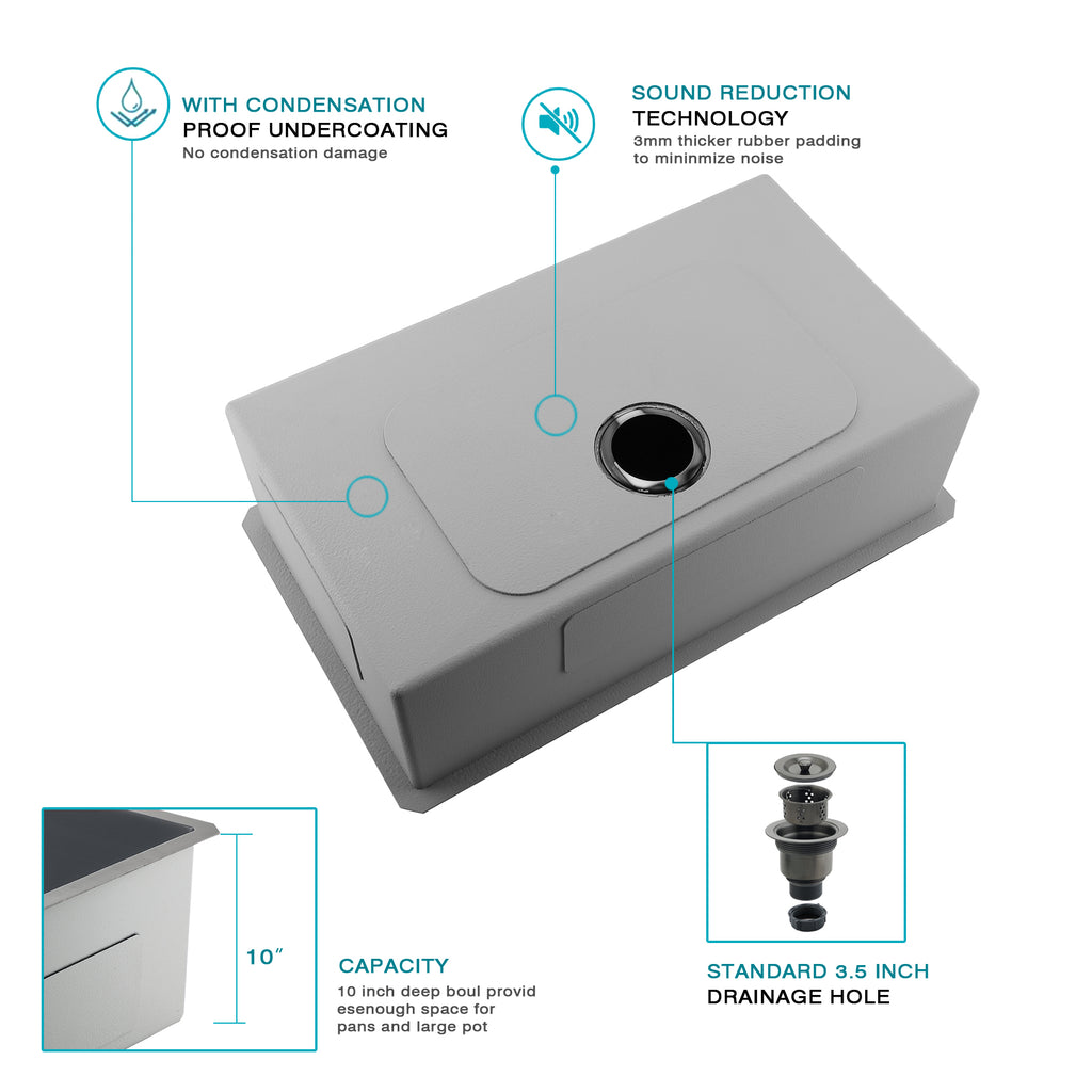 32" Stainless Steel Kitchen Sink, 10" Deep Single Undermount Sink - Grey | T304 Steel, True 16-Gauge, 10-Inch Deep Basin, Easy-Clean R10 Corners, Reinforced 3mm Rim, Dual-Mount Installation