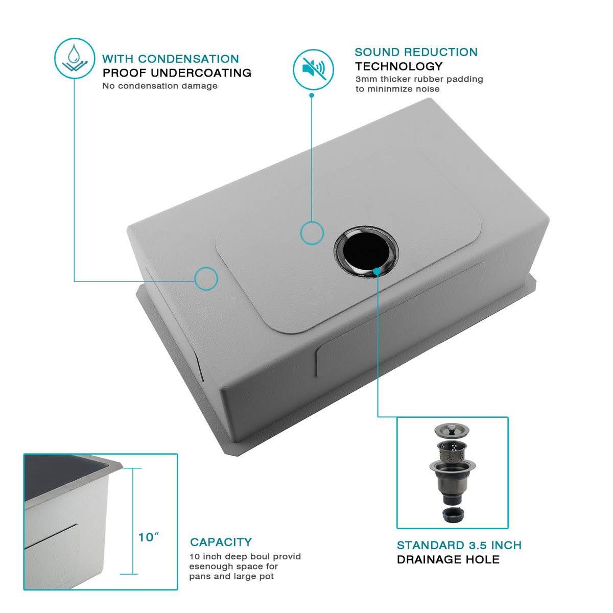 32" Stainless Steel Kitchen Sink, 10" Deep Single Undermount Sink - Grey | T304 Steel, True 16-Gauge, 10-Inch Deep Basin, Easy-Clean R10 Corners, Reinforced 3mm Rim, Dual-Mount Installation