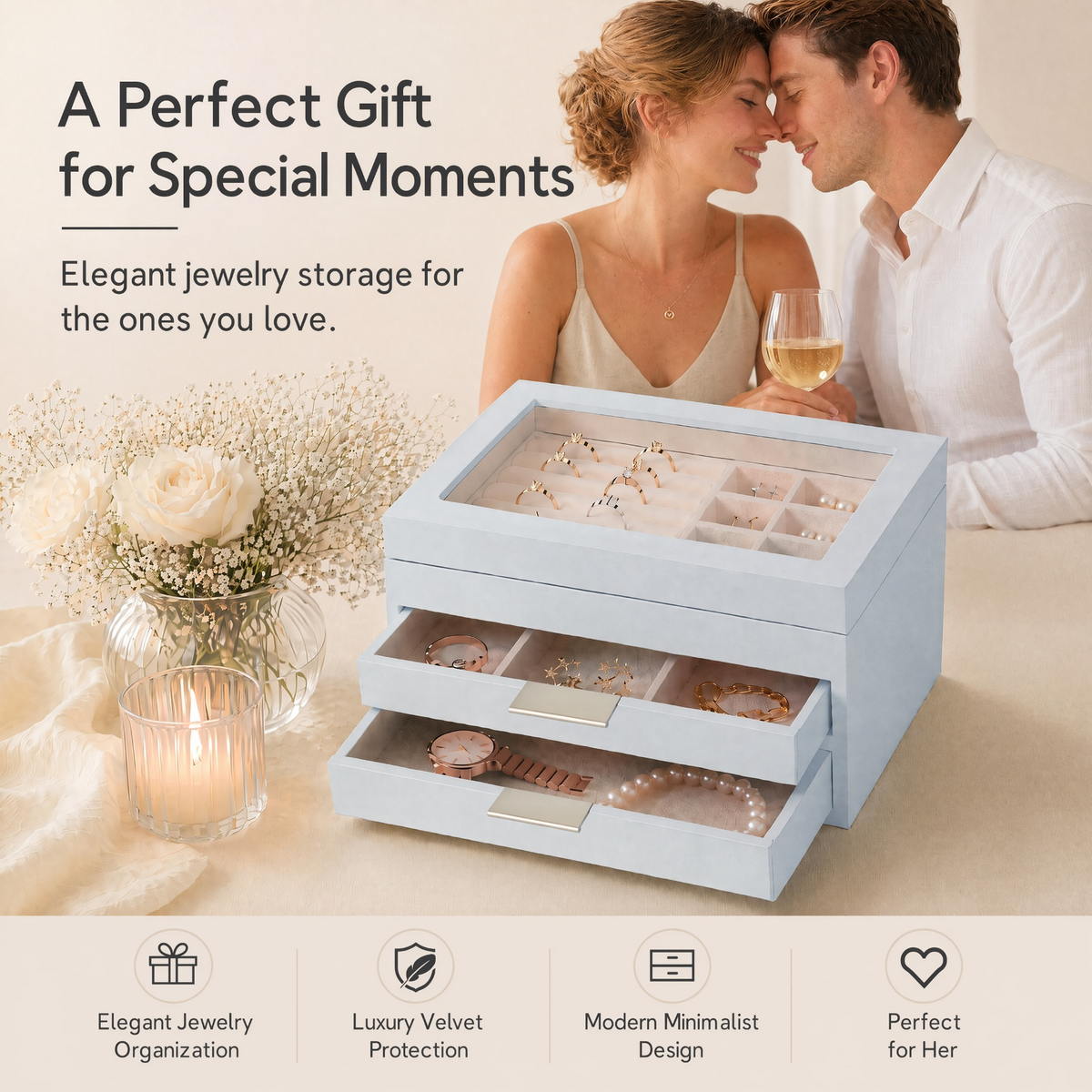 Wooden Jewelry Box With Glass Lid, 2 Drawers, Ring Slots & Multi-compartment Organizer For Jewelry, Watches And Accessories