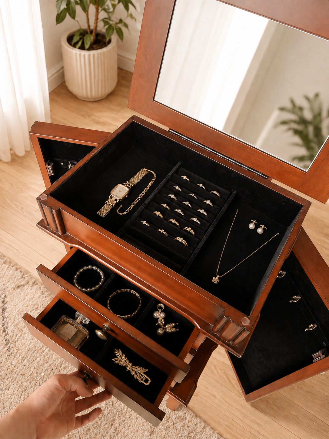 Freestanding Jewelry Armoire with Flip-Up Mirror, 6 Drawers and Necklace Hooks