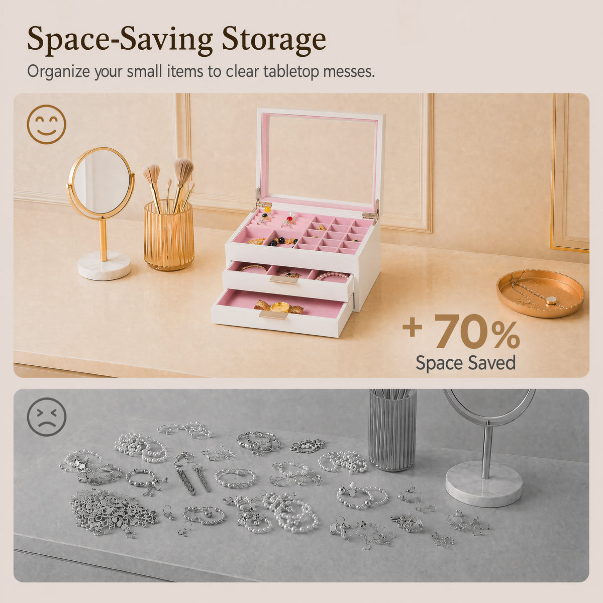 Wooden Jewelry Box With Glass Lid, 2 Drawers, Ring Slots & Multi-compartment Organizer For Jewelry, Watches And Accessories