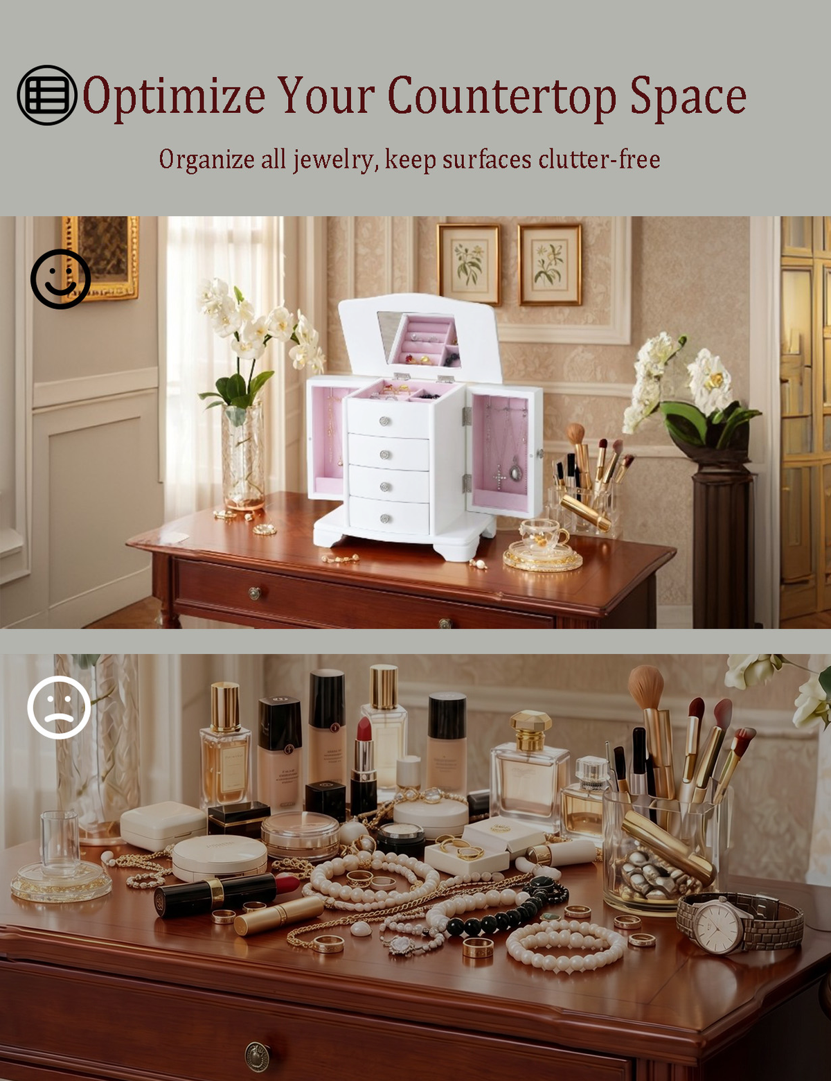 White Jewelry Box with Pink Velvet Lining，4 layer jewelry organizer box and attached 2 side doors,jewelry organizer wooden for rings, necklaces and earrings.