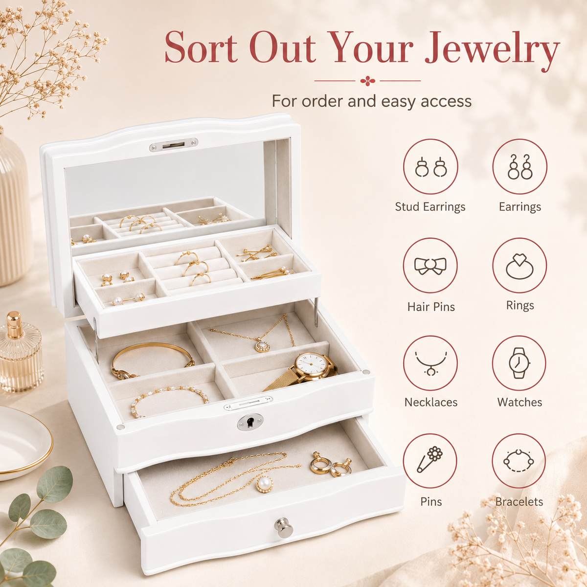 11.7 In. White Wooden Jewelry Box With Mirror, Lockable Multi-layer Jewelry Organizer With Velvet Lining And Drawer Storage