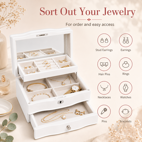 11.7 In. White Wooden Jewelry Box With Mirror, Lockable Multi-layer Jewelry Organizer With Velvet Lining And Drawer Storage