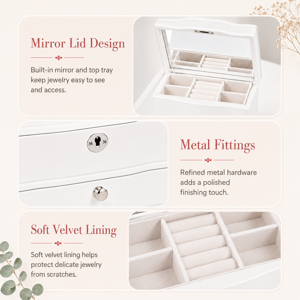 11.7 In. White Wooden Jewelry Box With Mirror, Lockable Multi-layer Jewelry Organizer With Velvet Lining And Drawer Storage