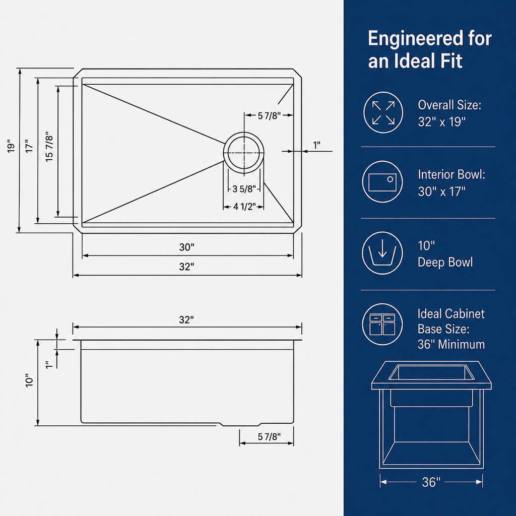 Stainless Steel Kitchen Sink 32" x 19" with Accessories | 10" Deep Bowl, Includes Cutting Board, Roll-Up Drying Rack, Bottom Rinse Grid, Polished Finish, Undermount Sink, drop in sink