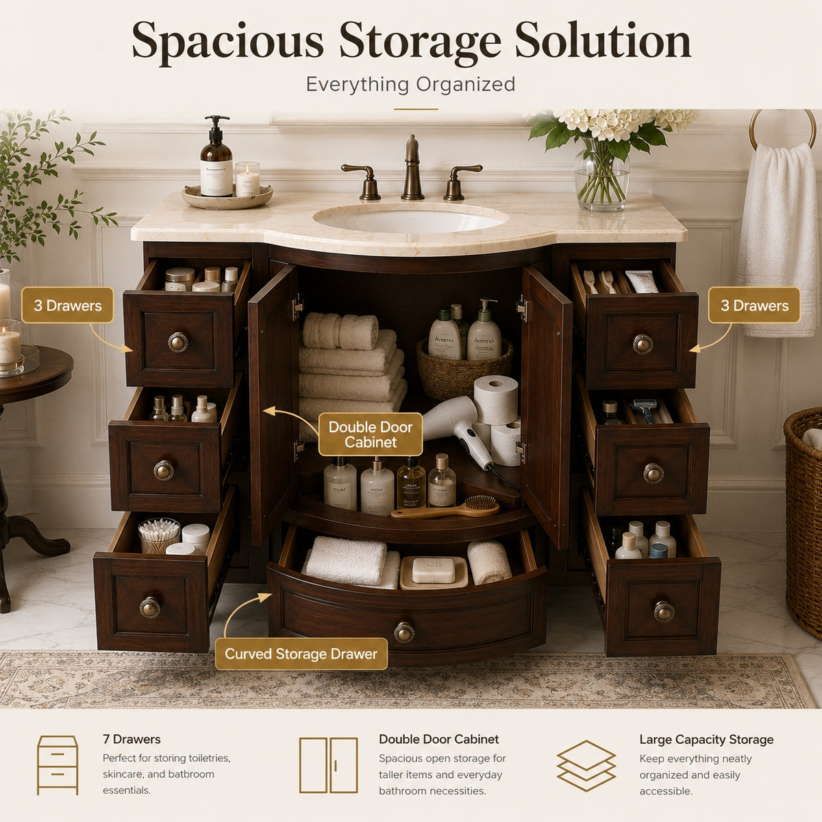 40'' Traditional Single Bathroom Vanity Set with Undermount Sink, Dark Brown Freestanding Bathroom Cabinet with 7 Drawers and Double-Door Storage