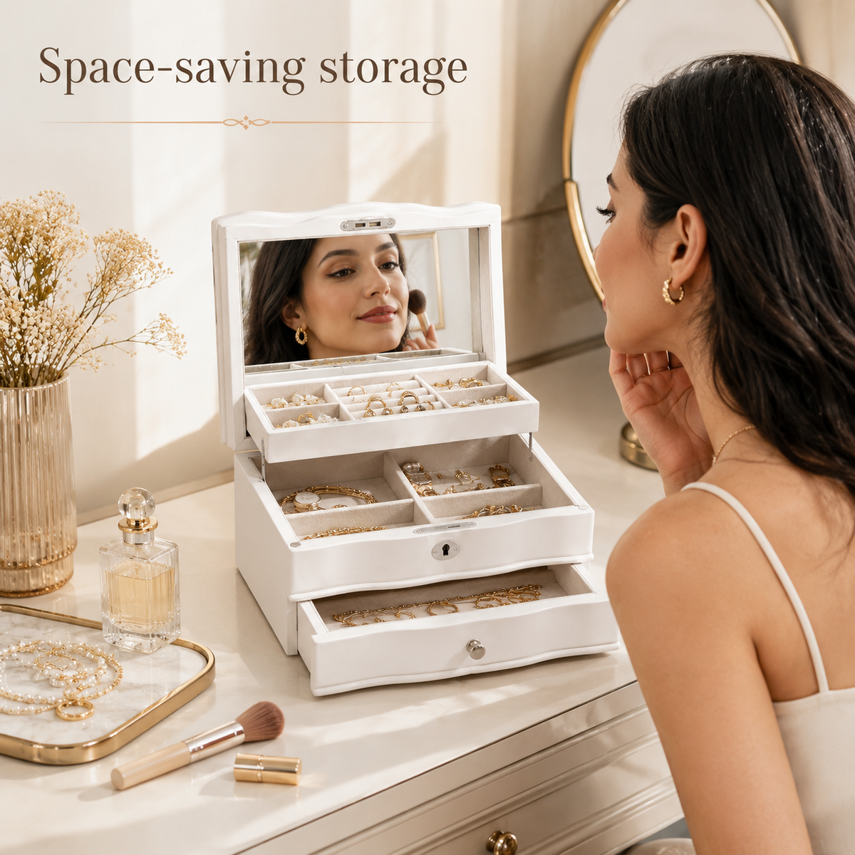 11.7 In. White Wooden Jewelry Box With Mirror, Lockable Multi-layer Jewelry Organizer With Velvet Lining And Drawer Storage