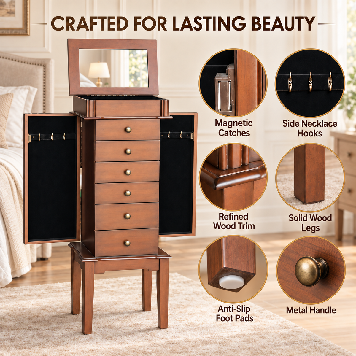 Freestanding Jewelry Armoire with Flip-Up Mirror, 6 Drawers and Necklace Hooks