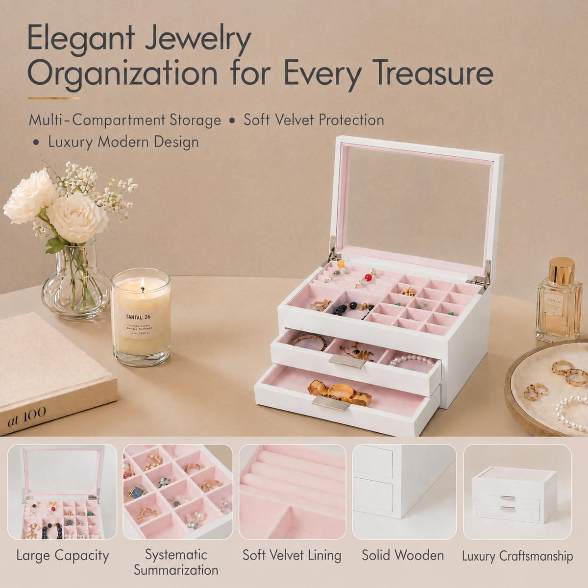 Wooden Jewelry Box With Glass Lid, 2 Drawers, Ring Slots & Multi-compartment Organizer For Jewelry, Watches And Accessories
