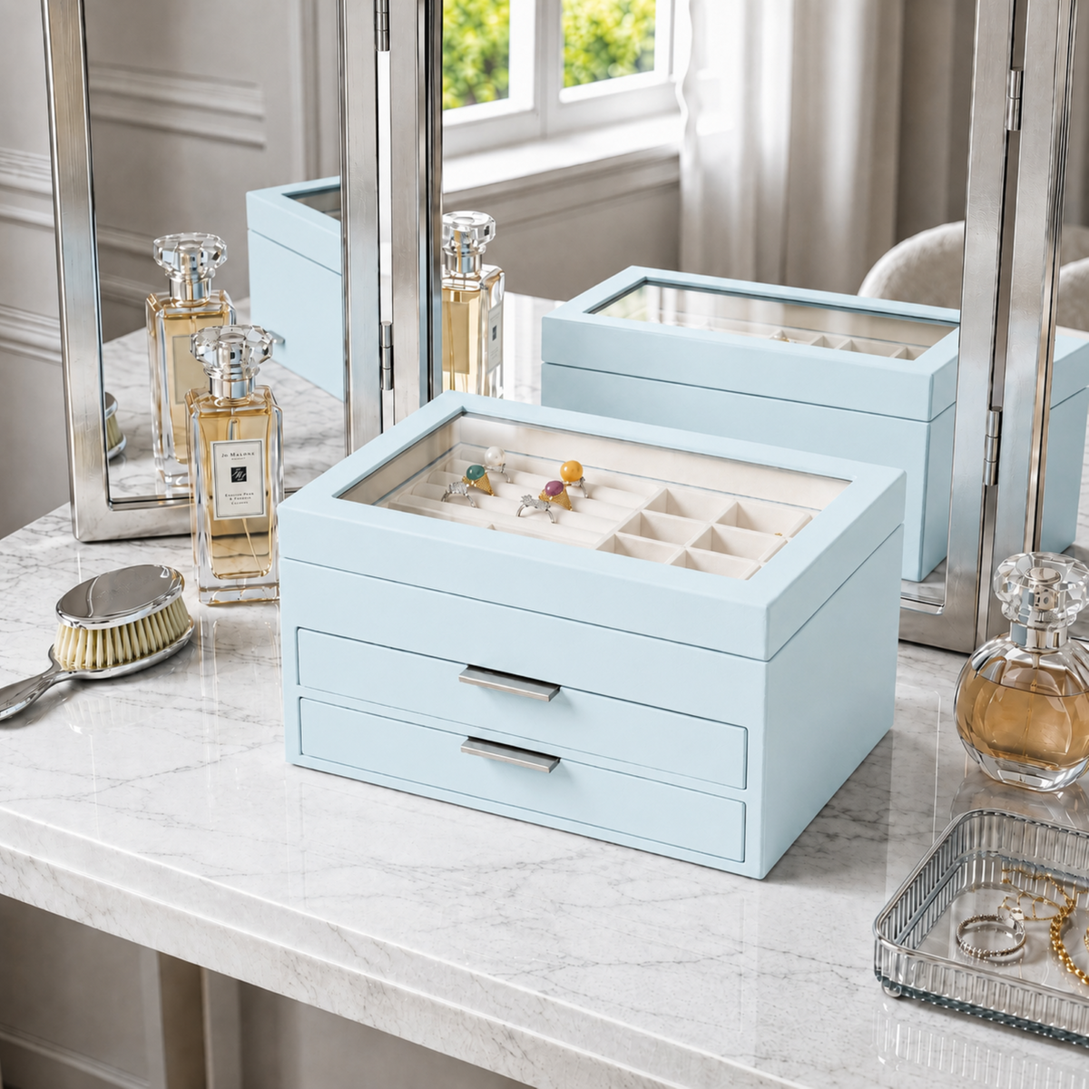 Wooden Jewelry Box With Glass Lid, 2 Drawers, Ring Slots & Multi-compartment Organizer For Jewelry, Watches And Accessories