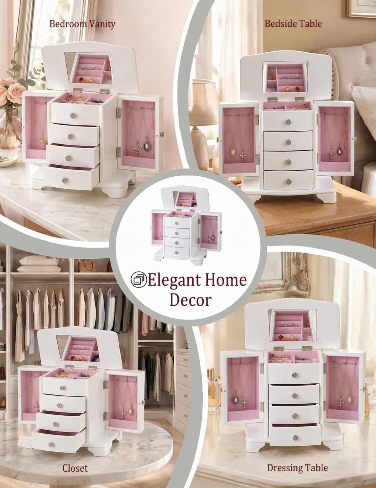 White Jewelry Box with Pink Velvet Lining，4 layer jewelry organizer box and attached 2 side doors,jewelry organizer wooden for rings, necklaces and earrings.
