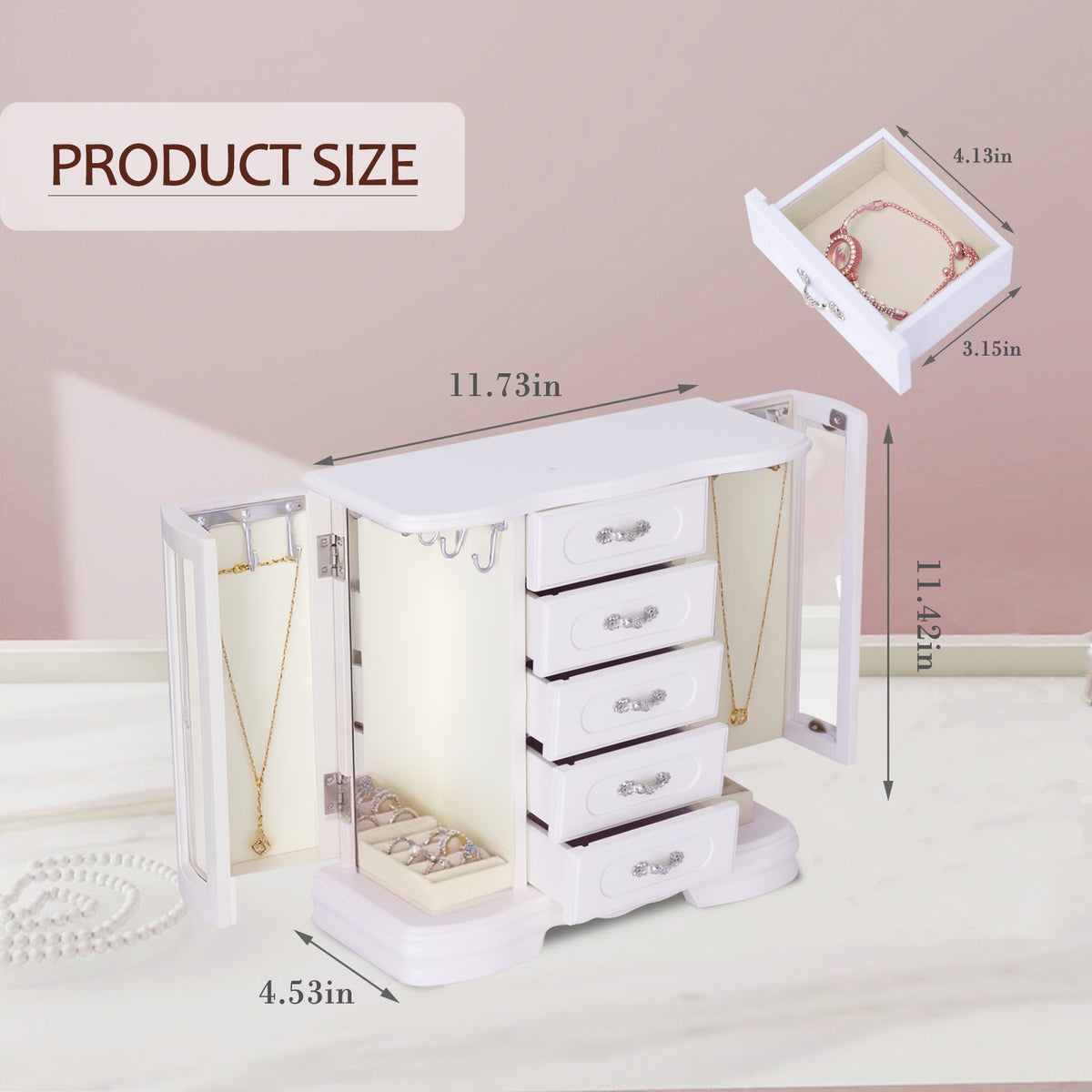 Jewelry Boxes For Women,5 Layer Large Wood Jewelry Boxes And Buit-in Hooks And Attached Mirror, Vintage Jewelry Box For Necklaces, Earrings And Rings