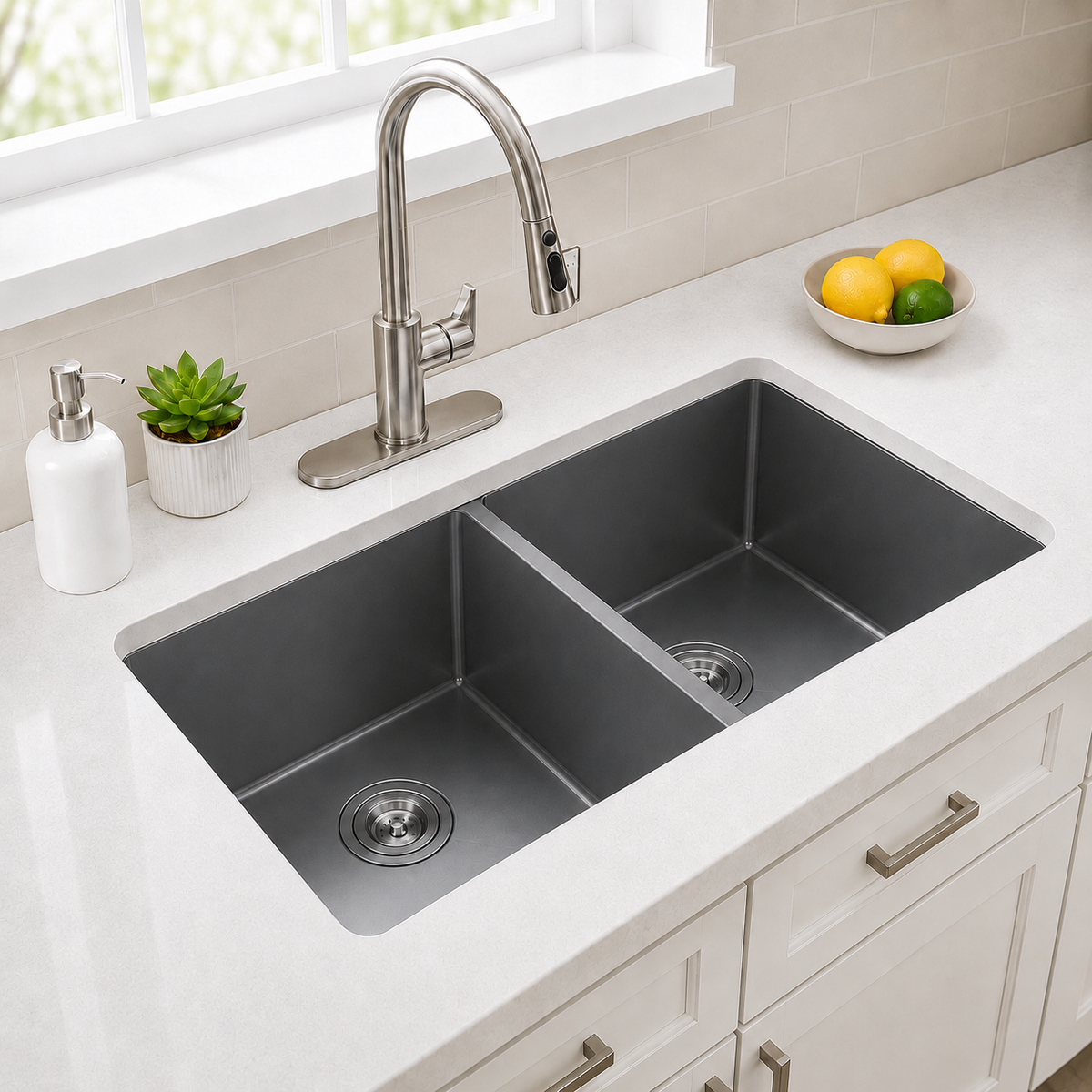 33" Stainless Steel Double Bowl Kitchen Sink - Undermount/Drop In Sink | R10 Corner Radius, 10" Deep Bowl, X-shaped Drainage, Noise-reducing, moisture-resistant, scratch resistant