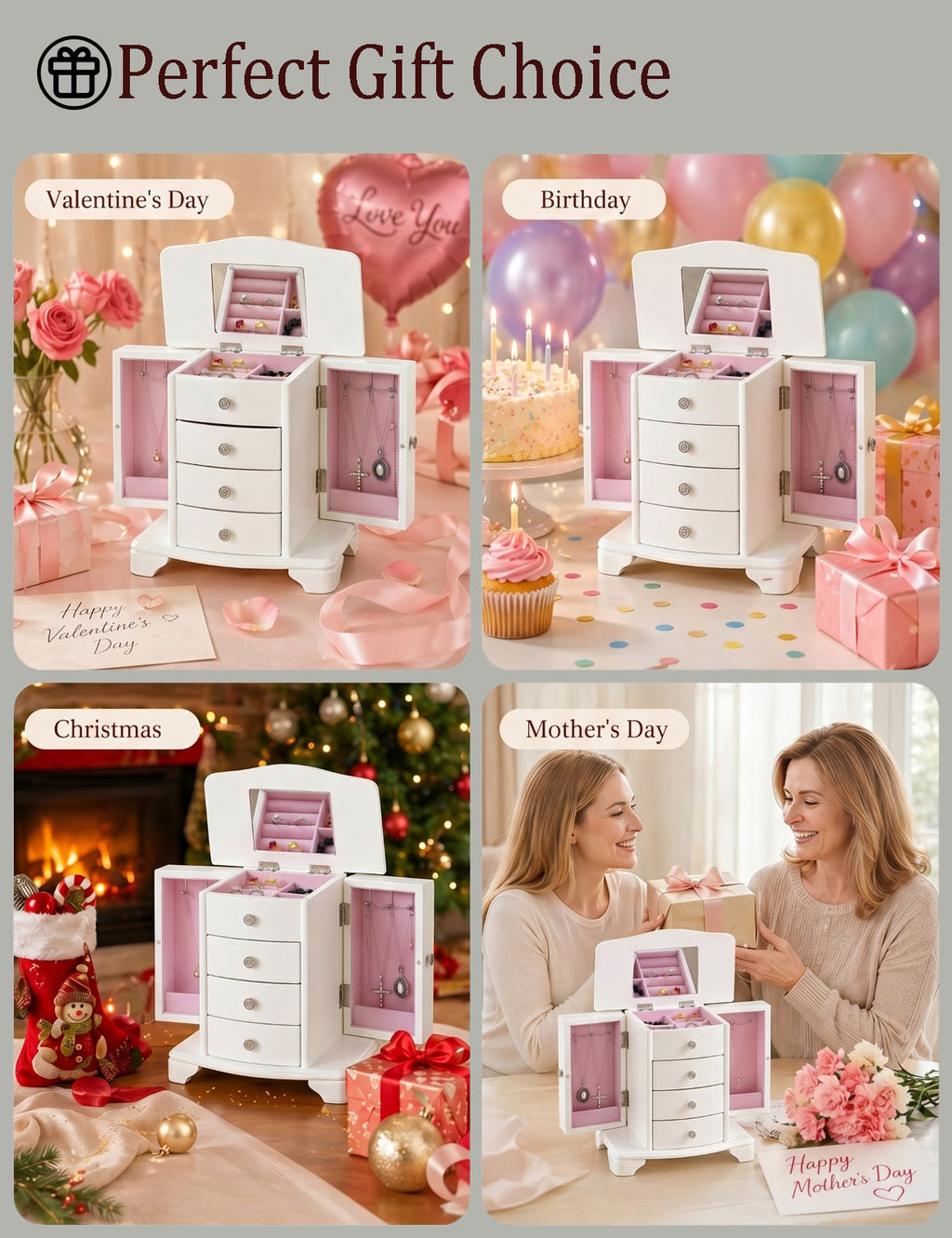 White Jewelry Box with Pink Velvet Lining，4 layer jewelry organizer box and attached 2 side doors,jewelry organizer wooden for rings, necklaces and earrings.