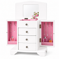 White Jewelry Box with Pink Velvet Lining，4 layer jewelry organizer box and attached 2 side doors,jewelry organizer wooden for rings, necklaces and earrings.