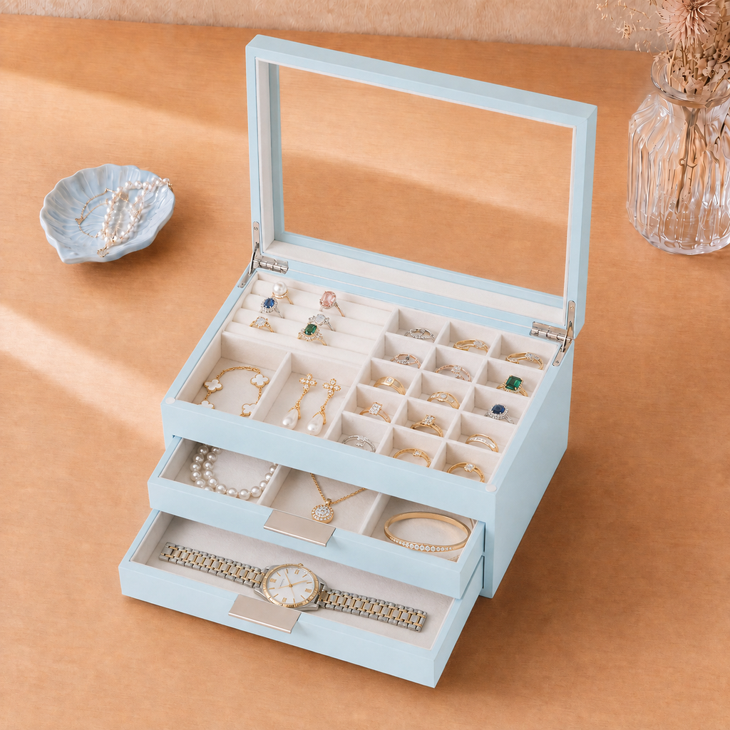 Wooden Jewelry Box With Glass Lid, 2 Drawers, Ring Slots & Multi-compartment Organizer For Jewelry, Watches And Accessories