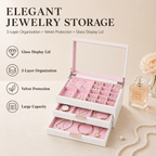 Wooden Jewelry Box With Glass Lid, 2 Drawers, Ring Slots & Multi-compartment Organizer For Jewelry, Watches And Accessories