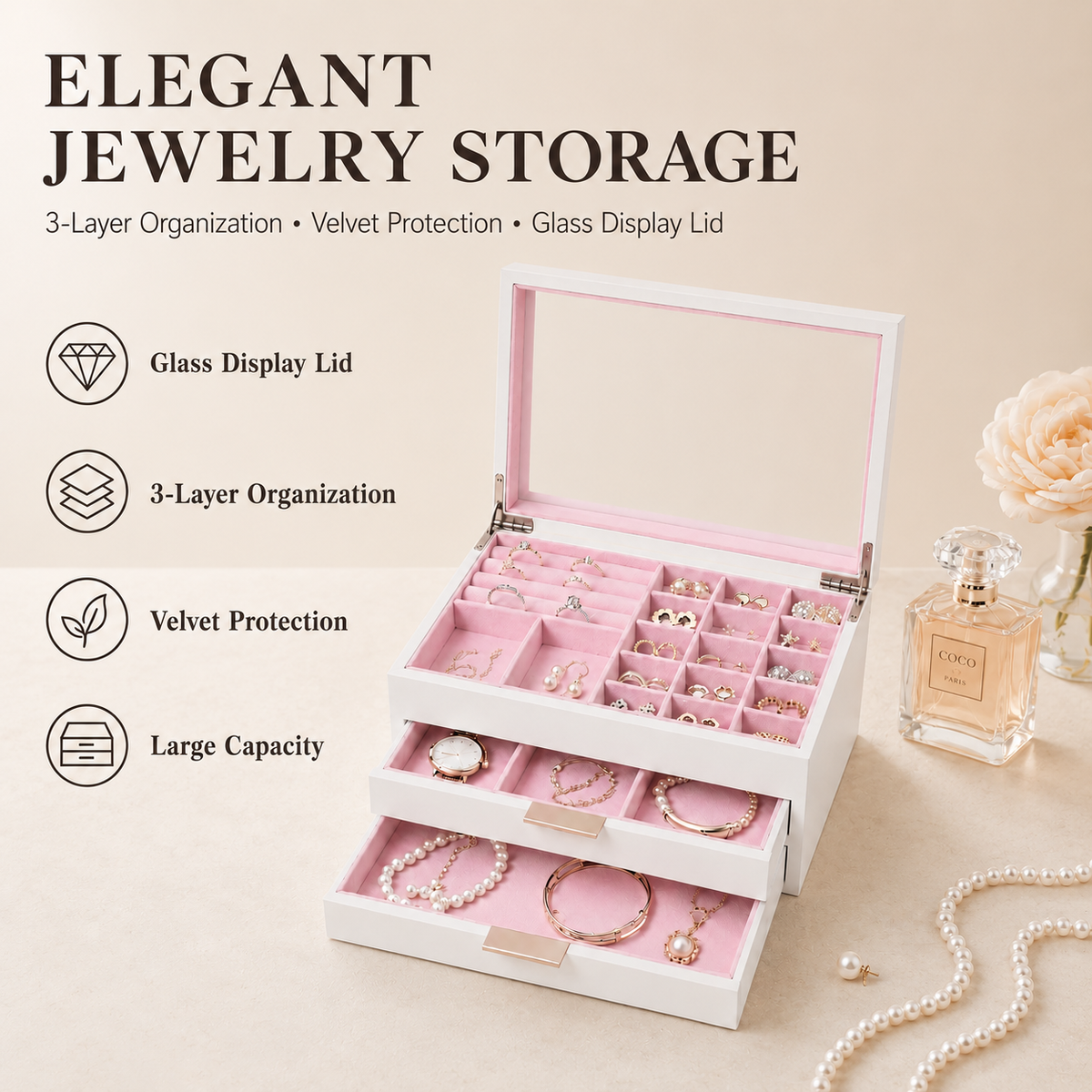 Wooden Jewelry Box With Glass Lid, 2 Drawers, Ring Slots & Multi-compartment Organizer For Jewelry, Watches And Accessories