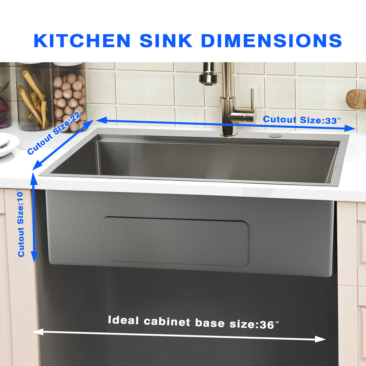 33 Inch Silver Drop In Workstation Sink With Sliding Accessories | 33x22 Inch Top Mount Sink Stainless Steel 16 Gauge 10" Deep Single Bowl with Cutting Board& Strainer