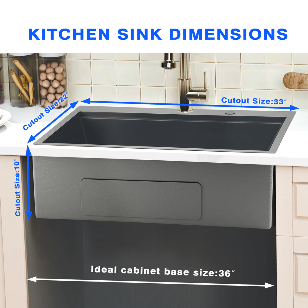 33 Inch Black Drop In Workstation Sink with Sliding Accessories | 33x22 Inch Top Mount Sink Stainless Steel 16 Gauge 10" Deep Single Bowl with Cutting Board& Strainer