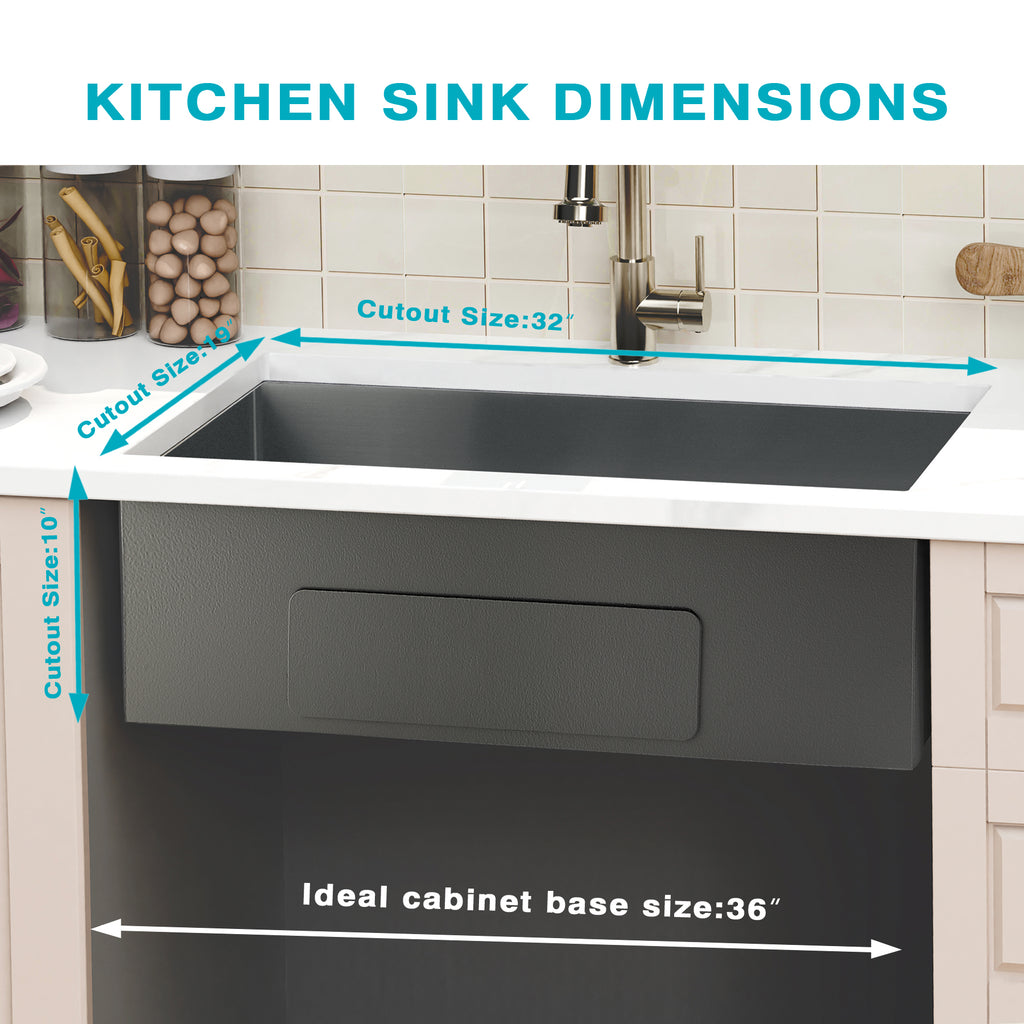 32" Stainless Steel Kitchen Sink, 10" Deep Single Undermount Sink - Grey | T304 Steel, True 16-Gauge, 10-Inch Deep Basin, Easy-Clean R10 Corners, Reinforced 3mm Rim, Dual-Mount Installation