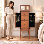 Freestanding Jewelry Armoire with Flip-Up Mirror, 6 Drawers and Necklace Hooks